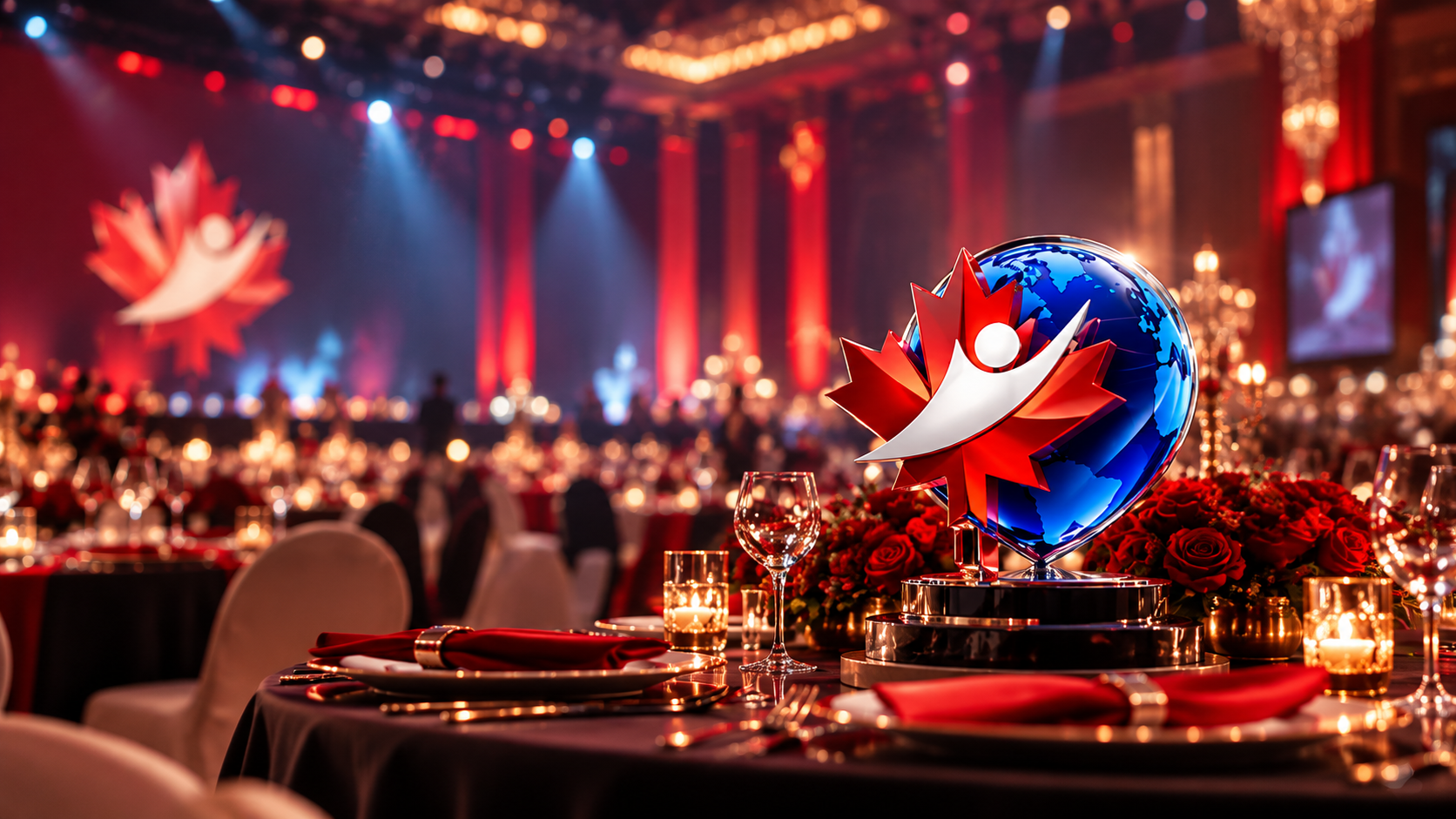 Candlelit banquet table set for an event
